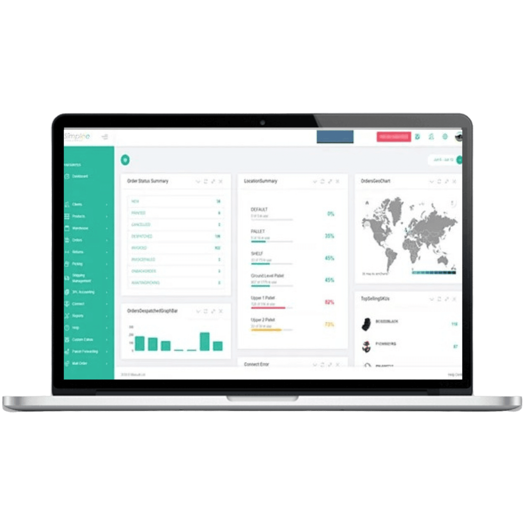 Team Simplee warehouse dashboard shown on a laptop